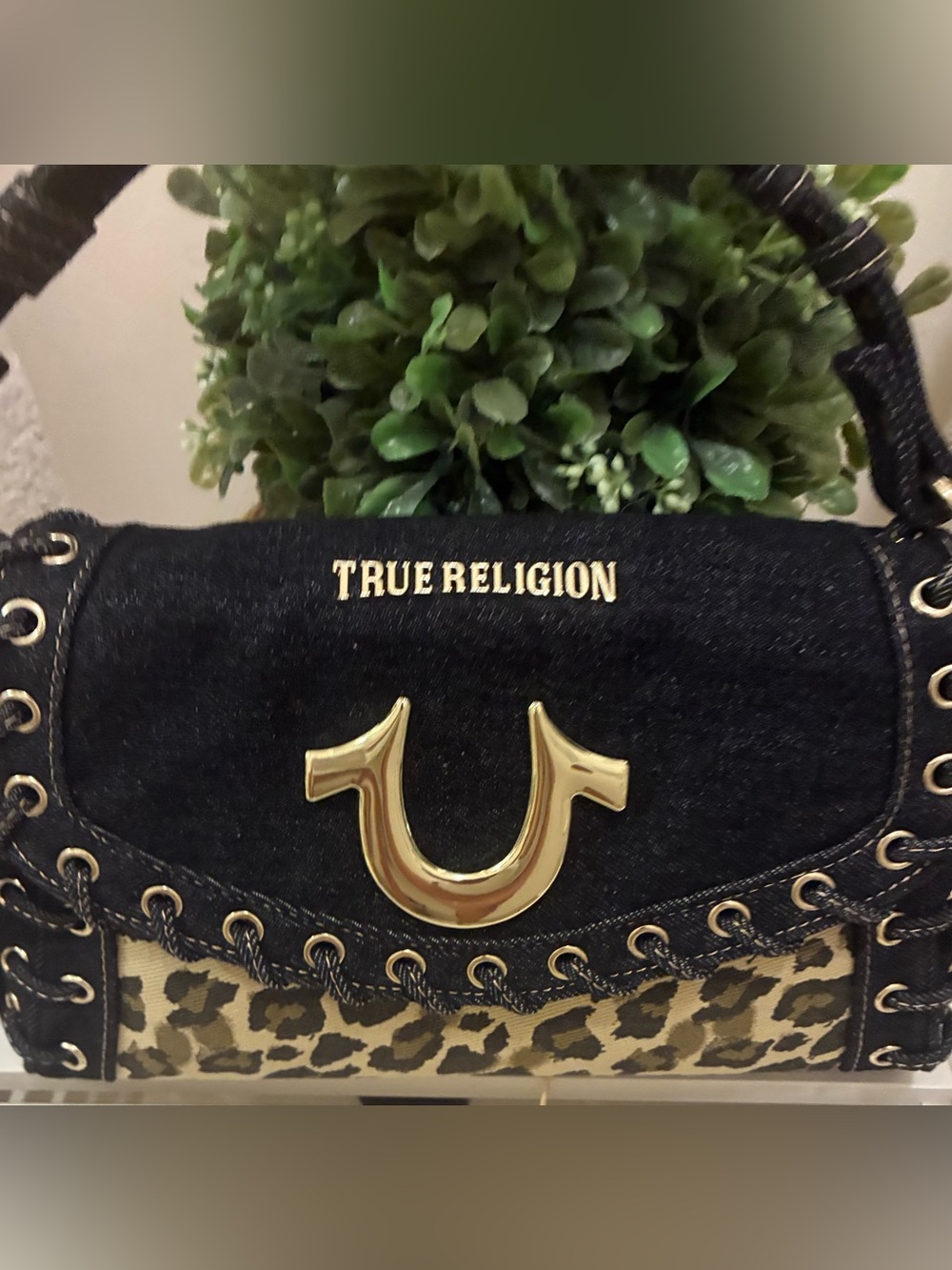 True Religion Black Denim Shoulder Bag with Leopard Accent and Gold Hardware 🐆
